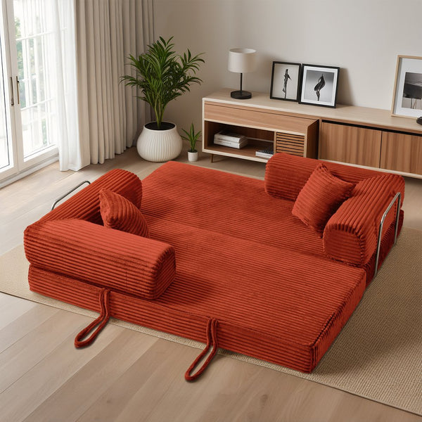 English Elm Compression Foldable Floor Sofa Bed Corduroy Futon with Foam Support for Small Spaces Orange W3716P379191