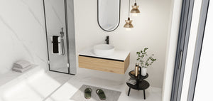 English Elm 36'' Floating Wall Mounted Vanity Plywood Cabinet with Ceramic Vessel Sink Soft Close Drawer W999S00362