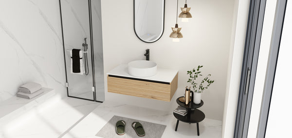 English Elm 36'' Floating Wall Mounted Vanity Plywood Cabinet with Ceramic Vessel Sink Soft Close Drawer W999S00362