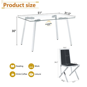 English Elm Table and Chair Set Tempered Glass Top with Silver Metal Legs Modern Luxury Dining for Four Black+Silver,Transparent W1151S04786