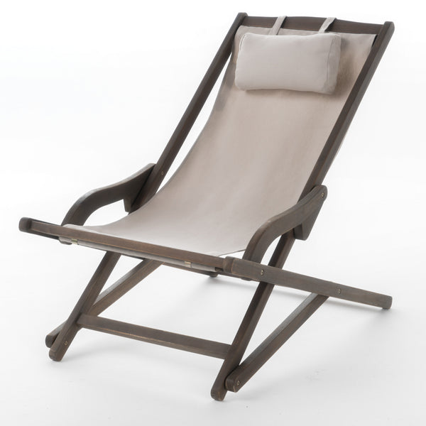 English Elm Christopher Knight Home® - NIKKI Sling Chair with Head Pillow — Portable Wood Frame Beach & Pool Lounger, Durable Polyester Fabric Beige+Grey 57 L x 26.75 W x 8.25 H 60059.00EU