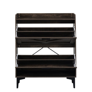 English Elm Shoe Cabinet with 2 Flip Drawers and Open Shelves, Slim Rustic Brown Entryway Organizer, Space-Saving Wood Storage W679P154753