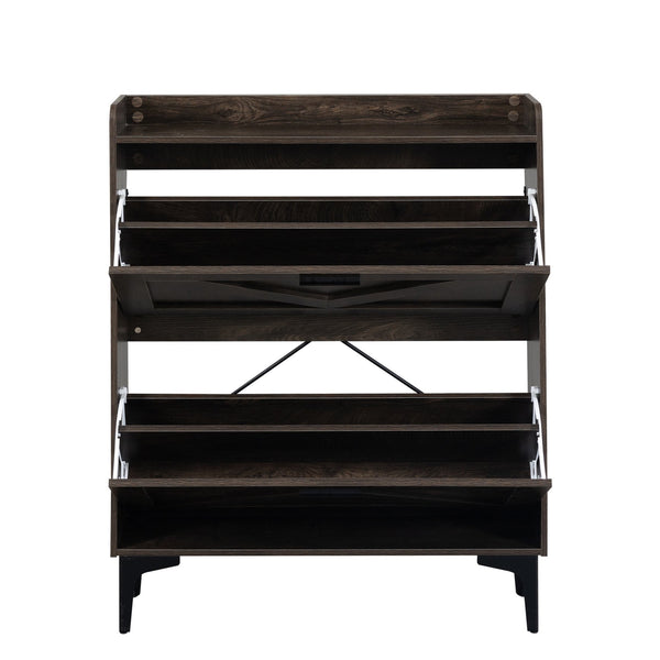 English Elm Shoe Cabinet with 2 Flip Drawers and Open Shelves, Slim Rustic Brown Entryway Organizer, Space-Saving Wood Storage W679P154753
