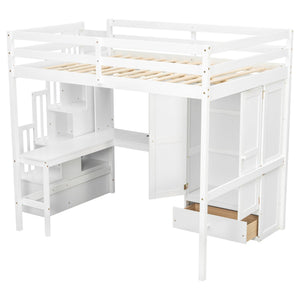 English Elm Twin Over Full Bunk Bed Solid Pine Frame with Built-in Slide and Storage Staircase White W504S00264