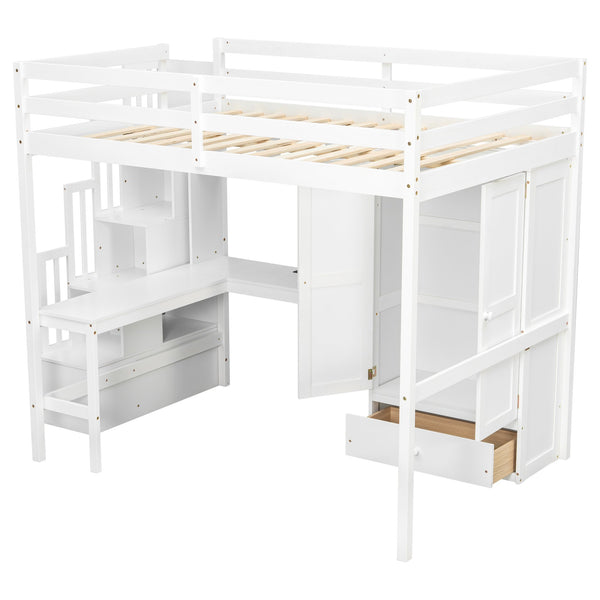 English Elm Twin Over Full Bunk Bed Solid Pine Frame with Built-in Slide and Storage Staircase White W504S00264