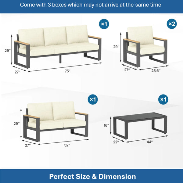 English Elm All-weather 5 Piece Aluminum Patio Conversation Set 7 Seat with Tempered Glass Table Beige+Grey B082S00115