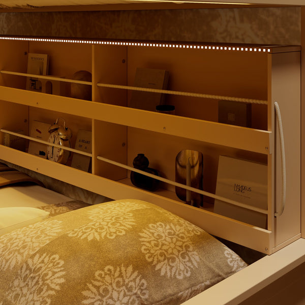 English Elm Twin Xl Over Queen Bunk Bed with Led Lighting Shelving and Pegboard Pinewood Frame Beige LT000280AAA