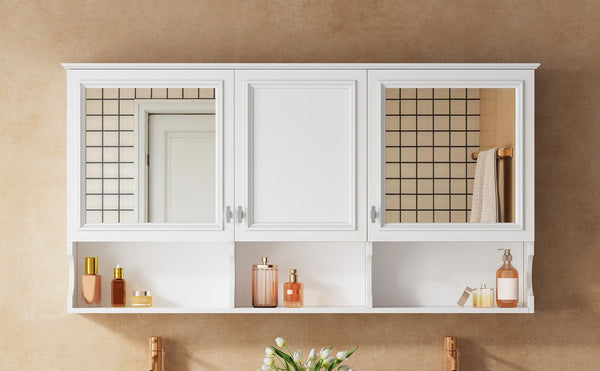 English Elm 55 Inch Wall Mount Medicine Cabinet Dual Mirrored Doors Soft Close Bathroom Vanity Storage N710P401337K