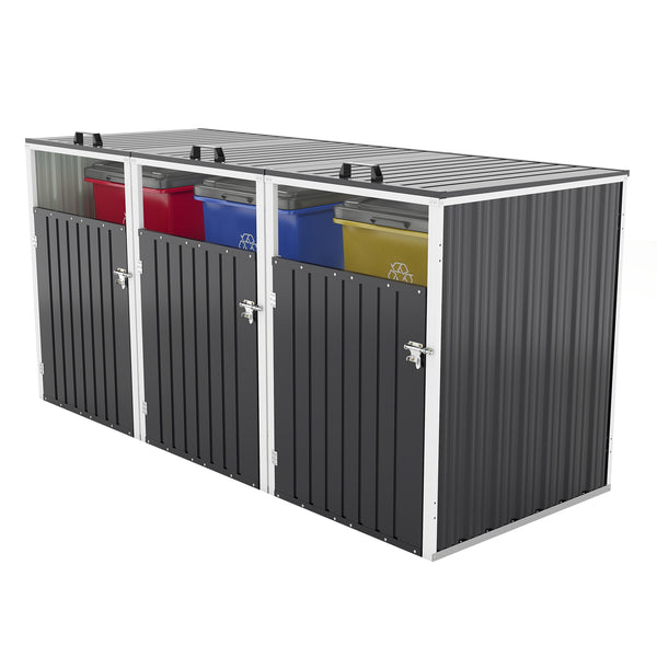 English Elm Garbage Bin Shed Galvanized Steel Enclosure Fits Three Cans with Lockable Waterproof Lid Dark Gray W1598P357716