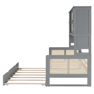 English Elm Twin Size Wooden Daybed With Trundle, Integrated Storage Cabinet & Shelves In Elegant Gray Finish N820S00048E-GIGA