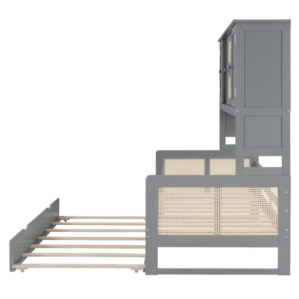 English Elm Twin Size Wooden Daybed With Trundle, Integrated Storage Cabinet & Shelves In Elegant Gray Finish N820S00048E-GIGA