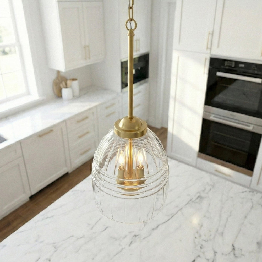 English Elm Ember Satin Brass Chain Pendant Three Candle Lights Clear Glass Dining Room B183P230892