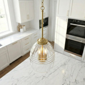 English Elm Ember Satin Brass Chain Pendant Three Candle Lights Clear Glass Dining Room B183P230892