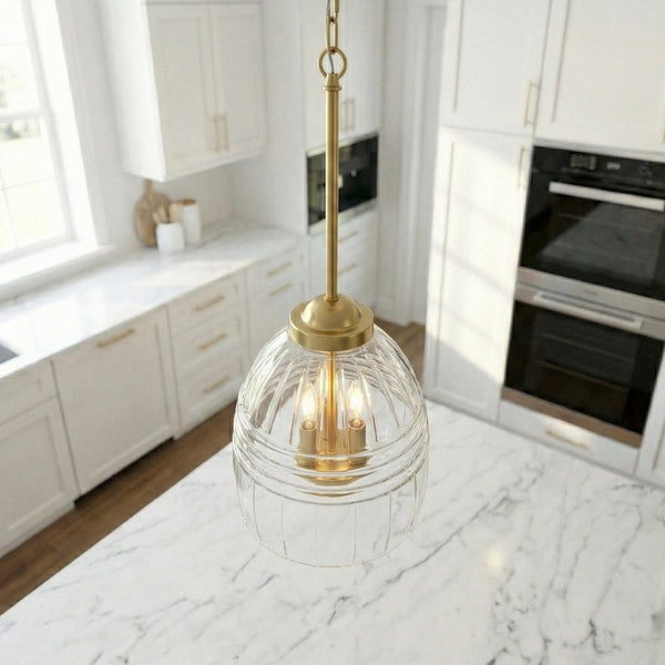 English Elm Ember Satin Brass Chain Pendant Three Candle Lights Clear Glass Dining Room B183P230892