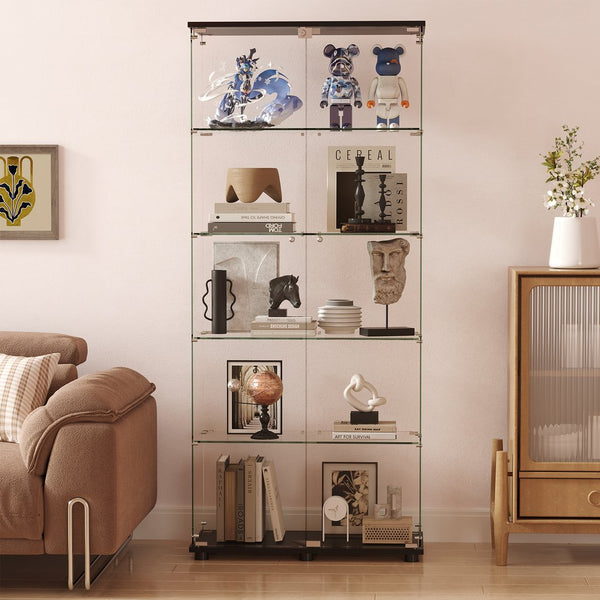 English Elm Glass Display Cabinet Five Tempered Shelves Lockable Doors Matte Black Living Room W3190S00002