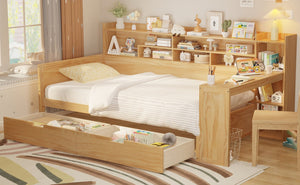 English Elm Wooden Twin Daybed with Built-In Desk, Side Shelves and Dual Drawers for Smart Space Saving Natural 54.9 L x 18.75 W x 5.6 H N733S241484M
