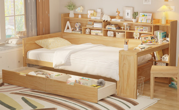 English Elm Wooden Twin Daybed with Trundle Built-in Desk and Open Shelves for Kids Rooms N733S373381M