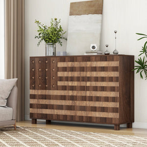 English Elm 55" Walnut Buffet Sideboard Cabinet with Hand-Carved Detail, 2 Drawers, 3 Doors, Adjustable Shelves, Anti-Tip Safety W2977P294024
