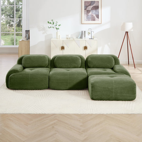 English Elm L-shaped Modular Corduroy Sectional Sofa Ergonomic Low Profile Living Room Seating Olive Green W714S01258