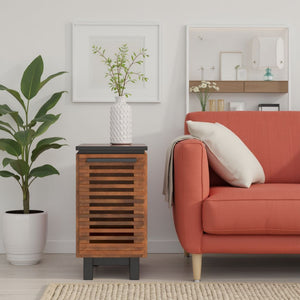 English Elm 13" Modern Chairside Table Black & Bourbon Finish — Scandinavian Poplar/Okume, Slatted Door, Ready-to-Use B108131542