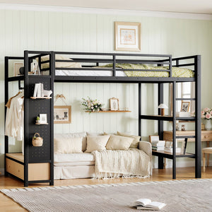 English Elm Full Size Pine Loft Bed House Frame with Slide Bookshelves and Moon Star Rails W1580S00590