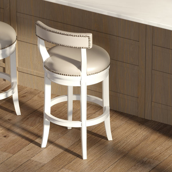 English Elm 31" Swivel Barstool Linen Upholstered Seat Nailhead Trim Warm Wood Kitchen Island White B2751P436449