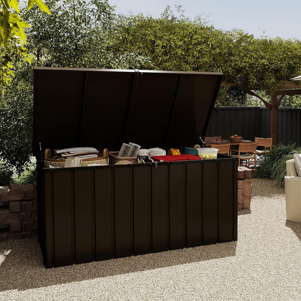 English Elm 200 Gallon Galvanized Steel Outdoor Deck Box Lockable Weatherproof Patio Pool Storage Brown W1859P445937
