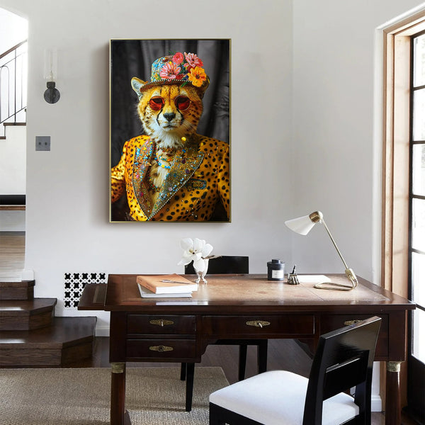 English Elm Abstract Cheetah Canvas Art in Gold Leopard Suit with Sunglasses and Flower Hat – Modern Wall Decor for Home Office W3374P322233