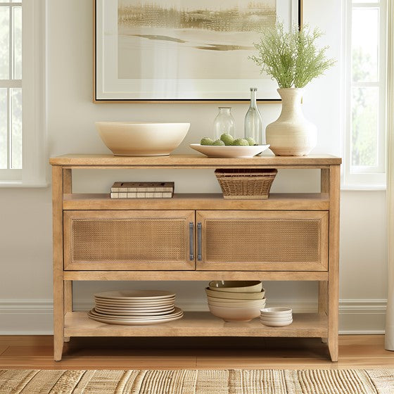 English Elm 2 Door Storage Console Table – Toasted Almond Wood Veneer, Dual Cabinets, Open Shelves, Compact Entryway Organizer B035P256575