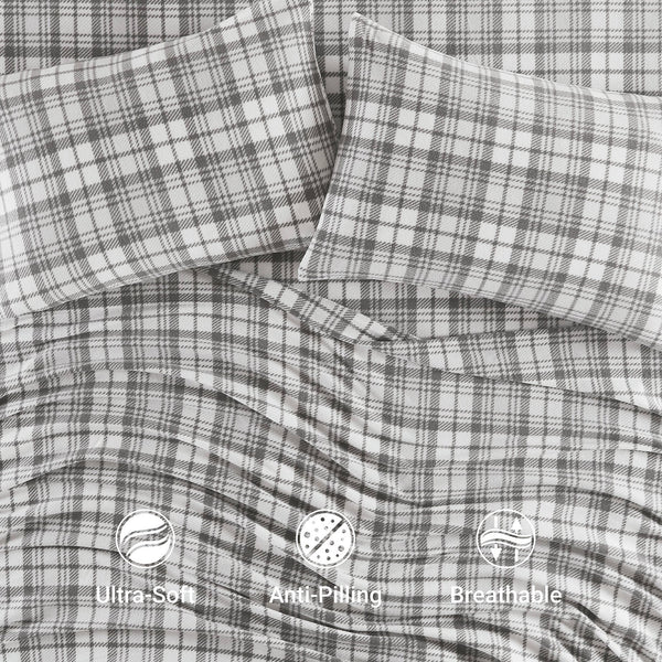 JLA Home True North by Sleep Philosophy - Sheet Micro Fleece Sheet Set — Ultra-Soft, OEKO-TEX Certified, Breathable Warmth, Pill-Resistant Comfort Grey Plaid SHET20-997