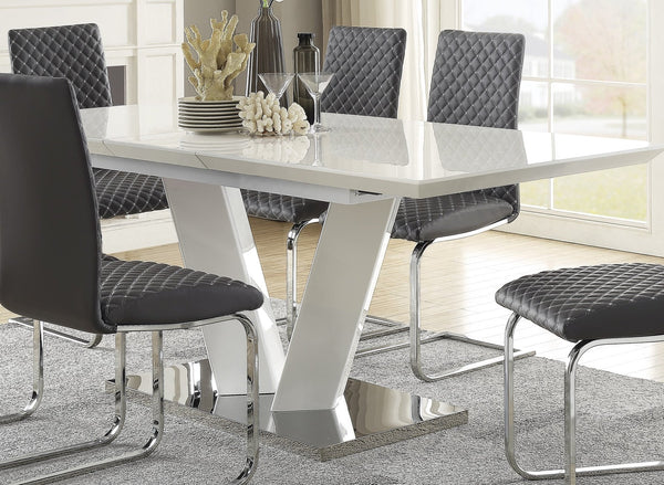 English Elm Sleek Extendable Dining Table White Lacquer Top Chrome Base Seats Six Modern Room B011S01211