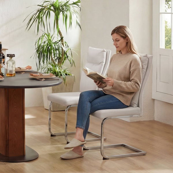 English Elm Dining Chair Set of 2 Faux Leather Chrome Base Ergonomic Contemporary Kitchen Seating White W3851P453160