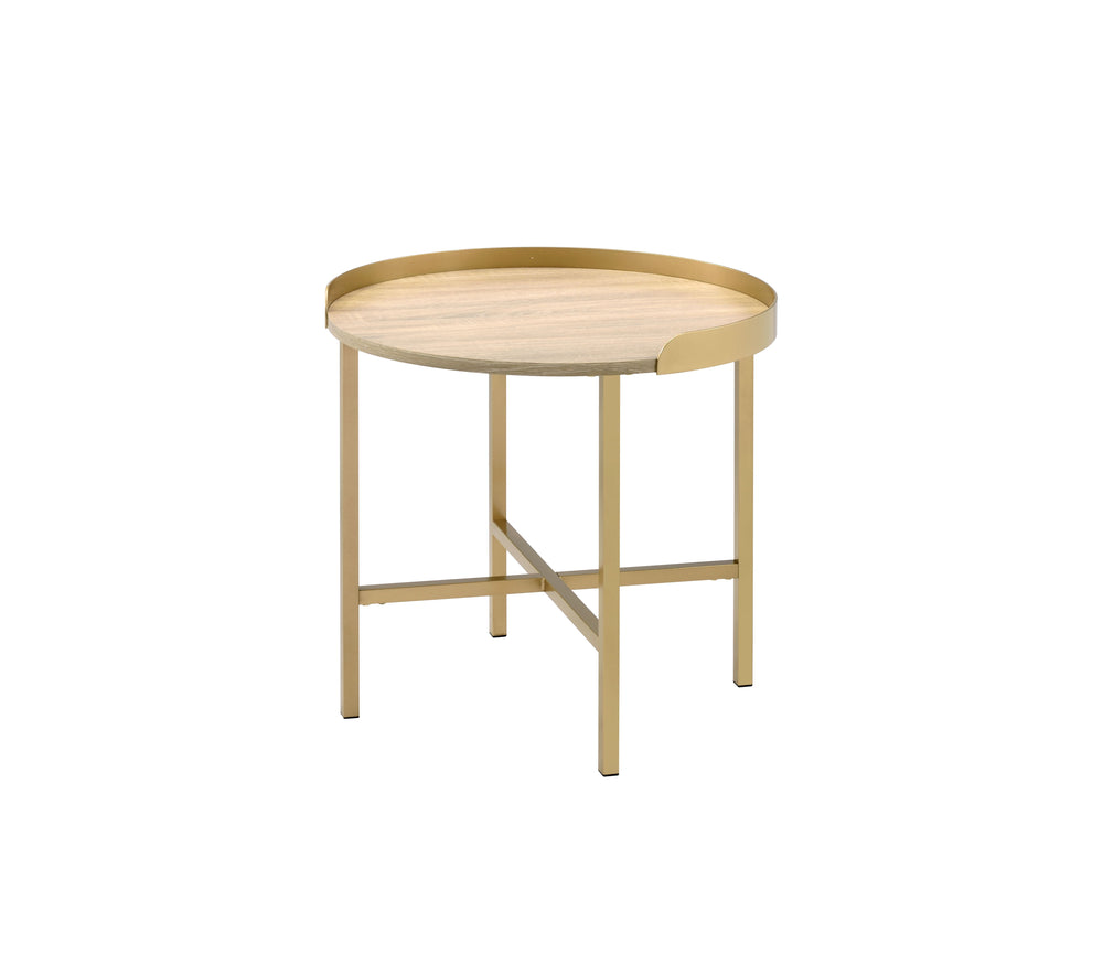 English Elm Mithea Oak Top End Table with Gold Metal Base — Round Tray Design, 0.75" Thick MDF, Stylish Accent B2726P270972
