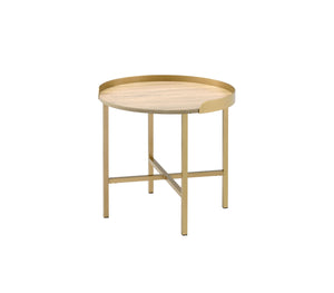 English Elm Mithea Oak Top End Table with Gold Metal Base — Round Tray Design, 0.75" Thick MDF, Stylish Accent B2726P270972