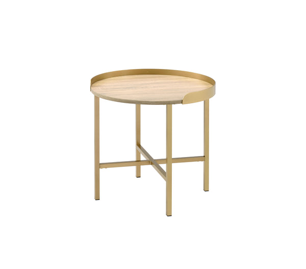 English Elm Mithea Oak Top End Table with Gold Metal Base — Round Tray Design, 0.75" Thick MDF, Stylish Accent B2726P270972