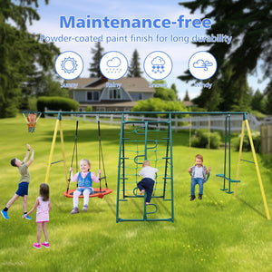 English Elm 2 in 1 Kids Outdoor Steel A-frame Backyard Swing Set with Saucer and Belt Seats W1408P163259