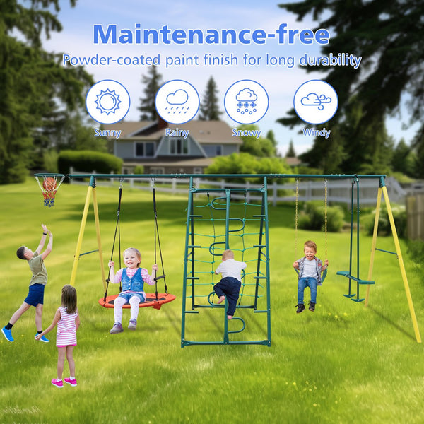 English Elm 2 in 1 Kids Outdoor Steel A-frame Backyard Swing Set with Saucer and Belt Seats W1408P163259