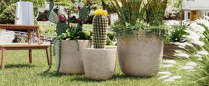 English Elm U_style Mgo Concrete Look Round Planters Set of 3 Lightweight Stackable Outdoor Pots Beige+Yellow N711P406670E