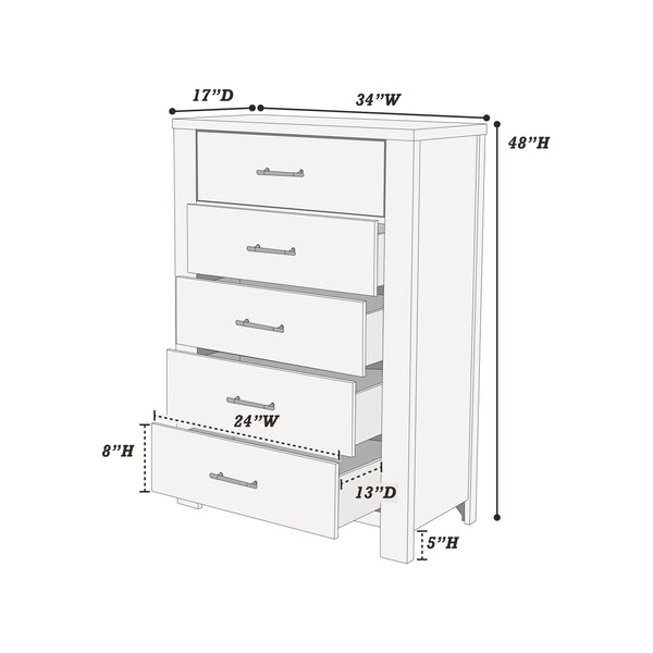 English Elm Oak 5-Drawer Chest of Drawers 34"x17"x49"H – Oak Veneer Bedroom Storage, Contemporary Wood Finish B011P244398