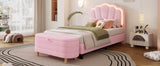 English Elm 2-Pieces Bedroom Sets Twin Size Flower-Shaped Upholstered Led Platform Bed With Storage Ottoman-Sherpa Fabric, Pink