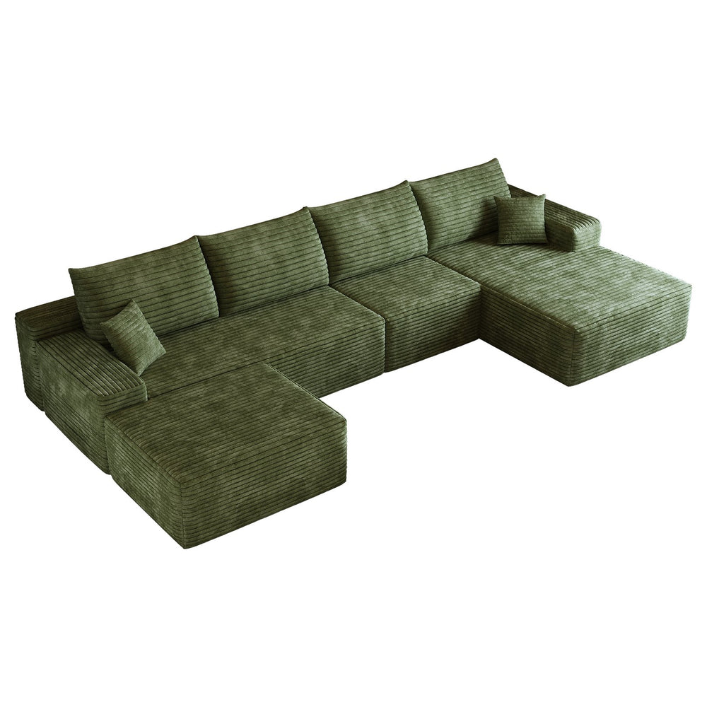 English Elm 135" Cloud Sectional Sofa With Ottoman - Modern U-Shaped Couch In Plush Green Corduroy For Comfort W2824S00128