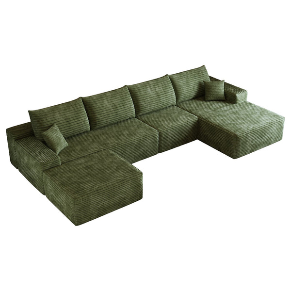 English Elm 135" Cloud Sectional Sofa With Ottoman - Modern U-Shaped Couch In Plush Green Corduroy For Comfort W2824S00128