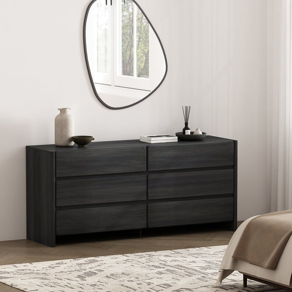 English Elm Linda 72" Dresser Charcoal Gray – 6-Drawer Minimalist Woodgrain Storage with Smooth Rounded Fronts B365S00066