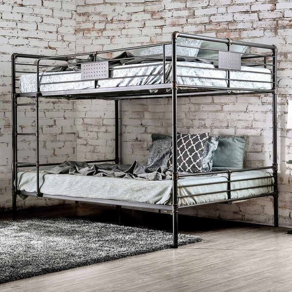 English Elm Queen Industrial Metal Bunk Bed with Pipe Frame, Built-In Slats & Ladder, Durable Retro Style 92" Antique Black 67 L x 41 W x 7 H B2741S00372