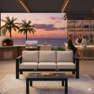 English Elm 2 Piece Outdoor Iron Patio Sofa Set with Thick Cushions and Wood Grain Coffee Table Black+ Gray B082P455117