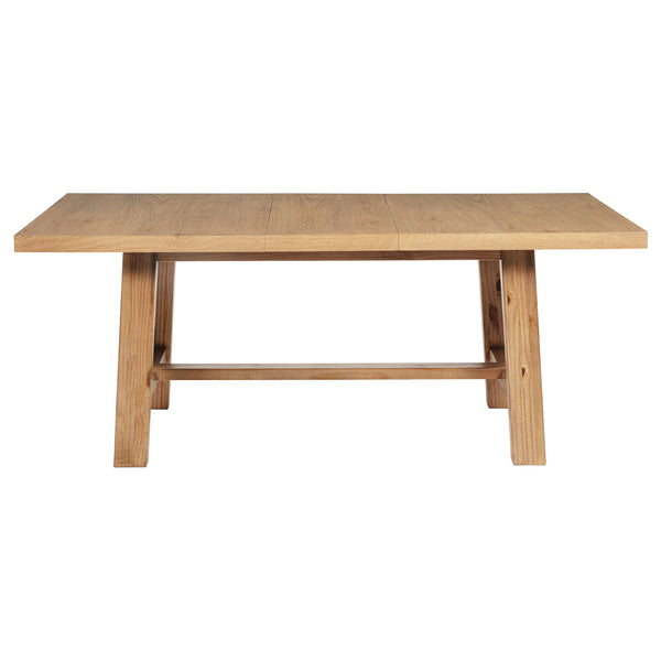 English Elm Carlos Pine Trestle Dining Set Seats Six with Nailhead Upholstered Chairs Natural Finish B062S01802