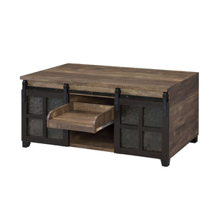 English Elm Rustic Oak and Black Coffee Table with Glass Sliding Barn Doors, Hidden Storage Compartments, 47.5" wide B062P181396