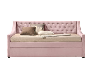 English Elm Lianna Pink Velvet Daybed with Roll-Out Trundle, Twin Upholstered Button-Tufted Bed, No Mattress Included B2726S00323