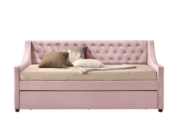 English Elm Lianna Pink Velvet Daybed with Roll-Out Trundle, Twin Upholstered Button-Tufted Bed, No Mattress Included B2726S00323