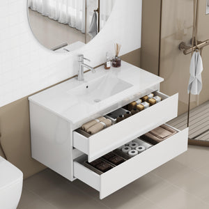 English Elm 36-inch Glossy White Bathroom Vanity with Ceramic Sink Soft Close Drawers Minimalist W3151S00065